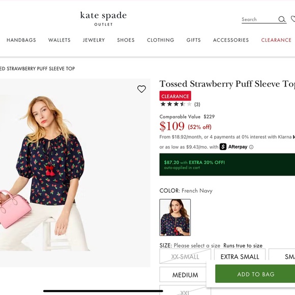 Kate Spade Navy Blue with Strawberry Print Tossed strawberry puff sleeve top - Picture 10 of 11